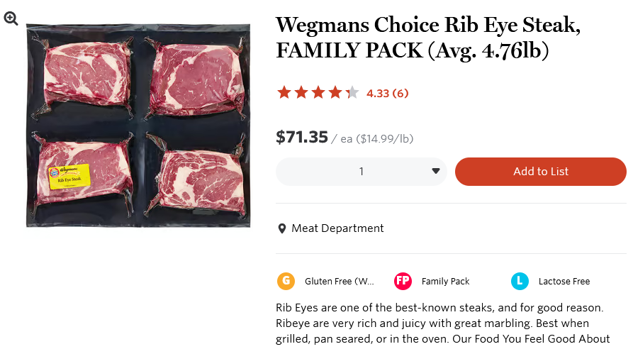 Wegmans Choice Rib Eye Steak, FAMILY PACK 